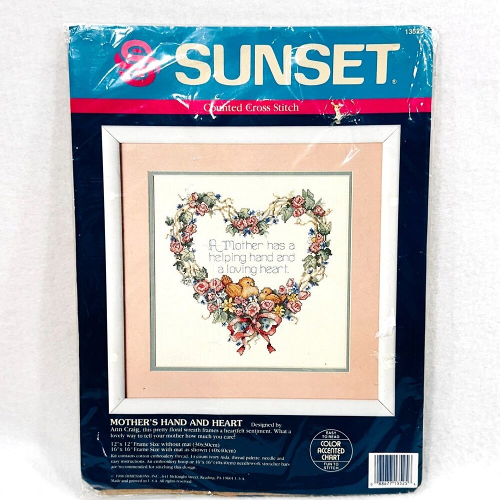 Vintage Sunset Counted Cross Stitch Kit "Mothers Hand & Heart" 12x12 Inch (1990)